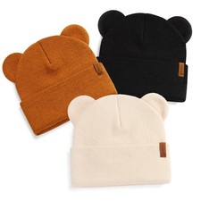 Baby Beanie Hats 6-36 Months Beige Caramel Black 3pcs Warm Infant Winter Hats