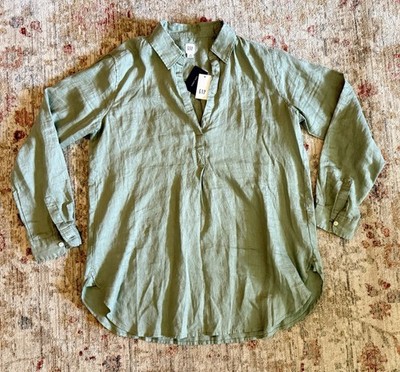 NEW GAP Popover Tunic Linen Sage-green A-line Relaxed Long-Slv MEDIUM PETITE NWT