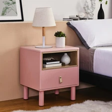 Nightstand with Single Drawer-Modern Bedside Solid Wood Legs & Leather Handle...