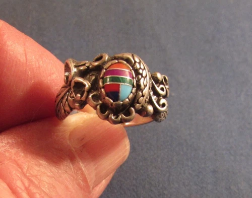 VINTAGE SOUTHWEST STERLING SILVER INLAY MULTI STONES RING SIZE 7 1/2