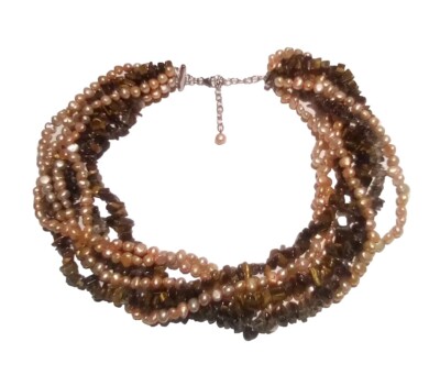 7 Strang FW Champagner Perlen Tigerauge & Quarz Halskette nie getragen Chic Boho