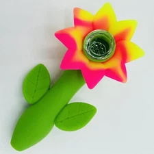 Silicone Smoking Flower Pipe with Glass Bowl | Hot Pink/Yellow | USA