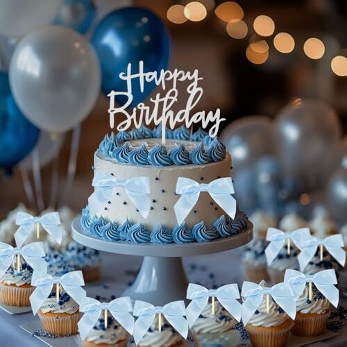 50 Stück Schleifen für Torte blaues Band Schleife Tortendeko mit Happy Birthday Torte... - Bild 4 von 5
