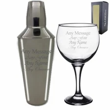 Personalised Engraved Cocktail Shaker with Strainer and Gin Balloon Glass