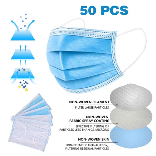 50 PCS Face Mask Medical Surgical Dental Disposable 3-Ply Earloop Mouth Cover US