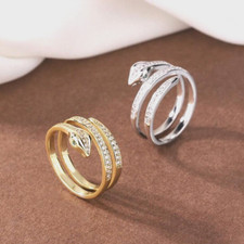 Green Eyes Snake Silver / Gold Pave Cubic Zirconia Adjustable Band Ring