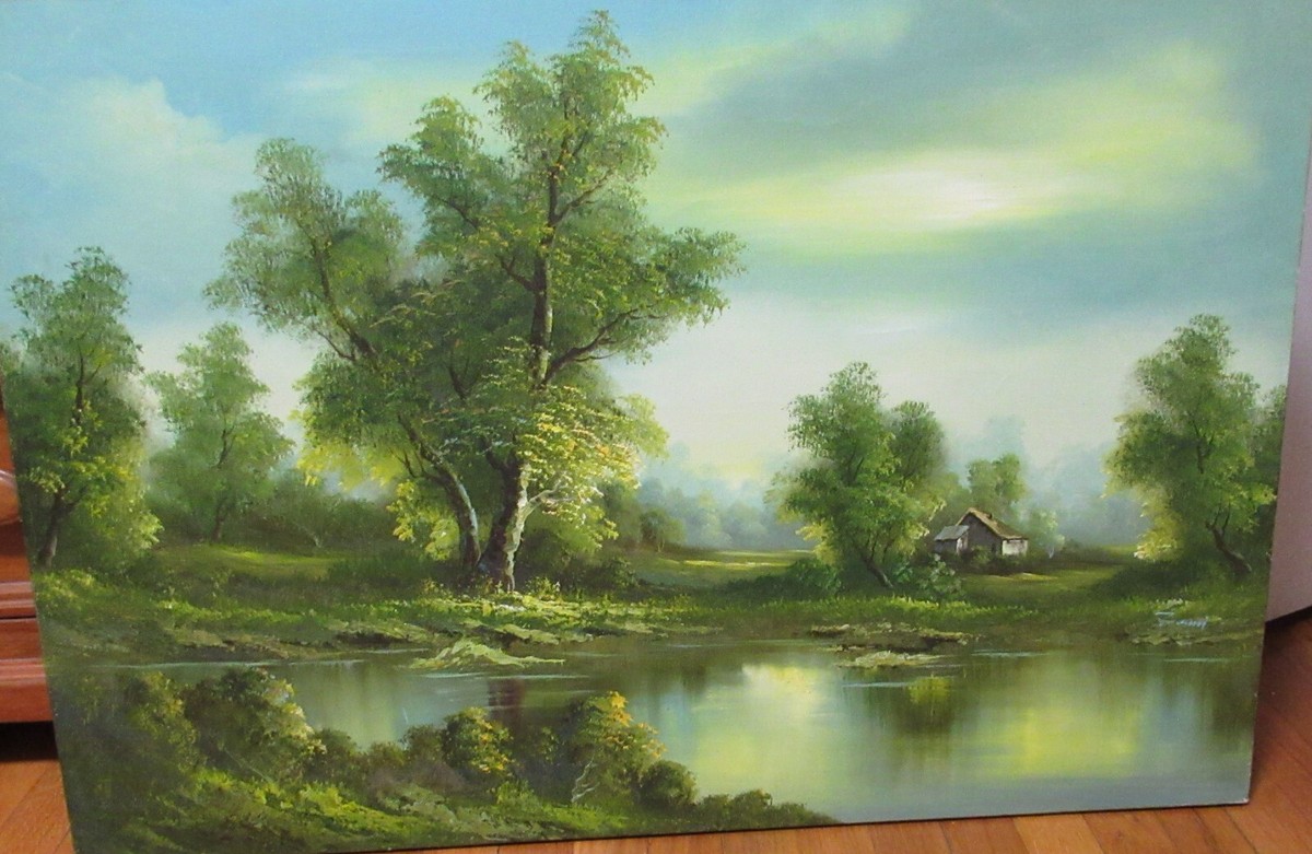 BRUNI HUGE ORIGINAL OIL ON CANVAS RIVER CABIN LANDSCAPE PAINTING