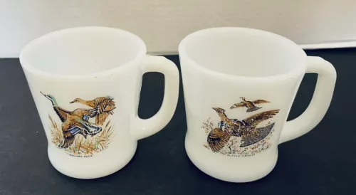Fire King Anchor Hocking Game Birds Coffee Mugs Mallard Ducks Ruffled Grouse Two