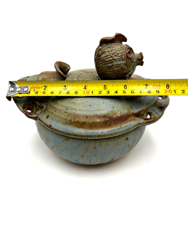 Art Pottery Covered Serving Dish Rustic Quirky Blue Glaze Signed by Artist - Picture 11 of 11