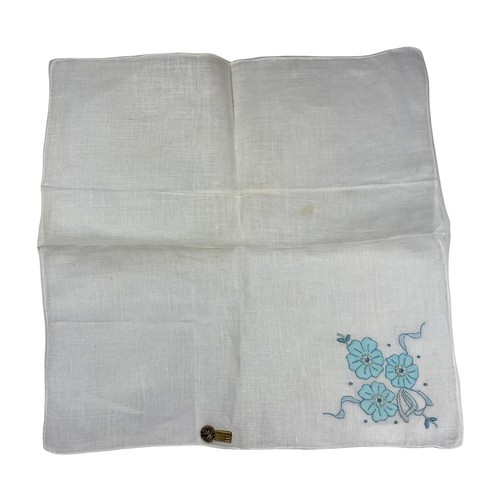Handkerchief Embroidered Blue Flowers Handmade In Portugal ALL LINEN Vintage - Picture 2 of 6