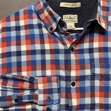 Vintage LL Bean Flannel Shirt Mens L Red Blue Tartan Plaid Button Up Made in USA