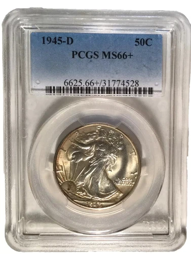 1945–D Denver MS66+ PLUS PCGS Walking Liberty Half Dollar Silver 50 Cent Coin