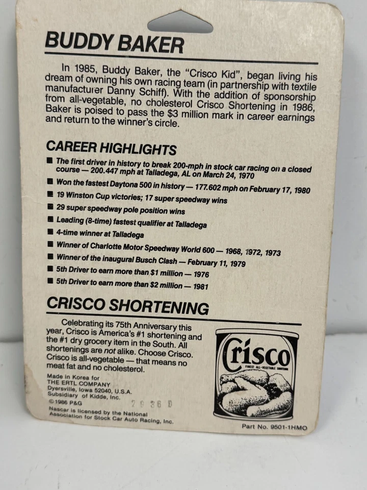 Buddy Baker #88 ПОДПИСАННЫЙ 1986 Etle 1:64 Литой Crisco Olds Cutlass РЕДКИЙ Crisco - Изображение 3 из 3