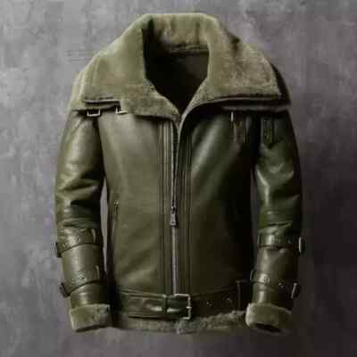 B3 Bomber Aviator RAF Real Sheep Skin Pilot Flying Double Collar Leather Jacket