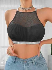 NEW MEDIUM Black Sexy w Floral Lace. Silver Ribbon Camisole Top Poly Knit Comfy