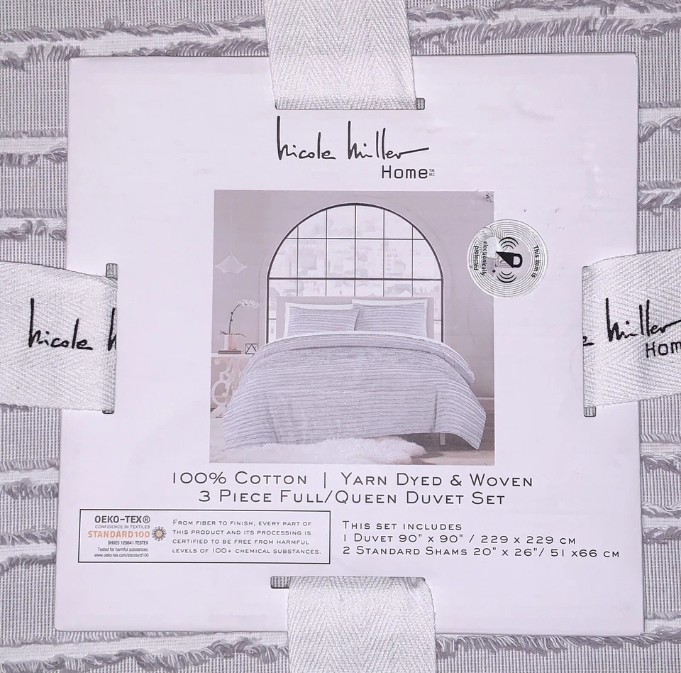 Nuevo Juego de 3 fundas y funda nórdica NICOLE MILLER a rayas grises REINA algodón Foto 2 de 4