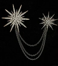 Vintage Style Art Deco Celestial Astrology Crystal Star Brooch Pin & Chain Set