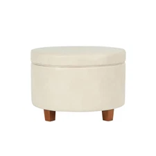 Large Leatherette Round Storage Ottoman with Removeable Lid, Cream