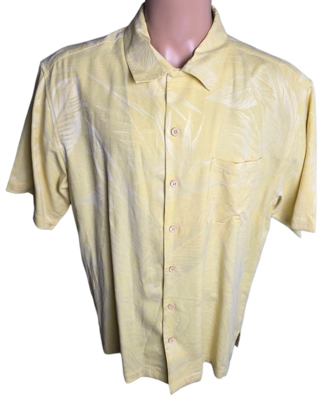 Caribbean Joe 100% Silk Textured Yellow Hawaiian Shirt Men L Retro Resortwear