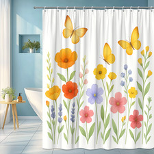 Floral Shower Curtain with Butterflies - Colorful and Vibrant Design