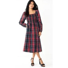 Draper James Dress Women Small Black Red Plaid Smocked Tiered Long Sleeve Midi