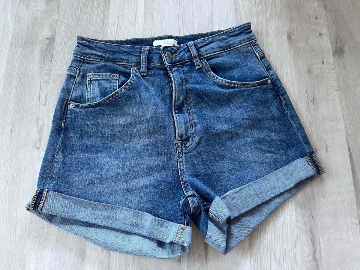 H&M Women’s Mid Blue Denim Roll Up Mom Shorts High Waisted UK EUR 36
