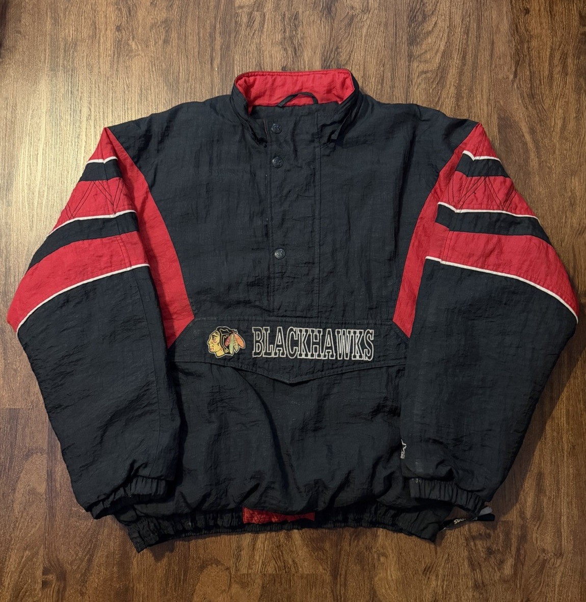 Vintage 90s Chicago Blackhawks NHL Embroidered Half Zip Hooded Anorak Jacket XL
