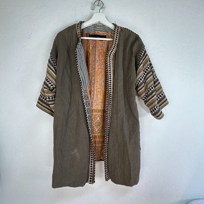 Zara Basic Khaki Green Embroidered Open Kimono Robe Jacket Medium Ramie Blend