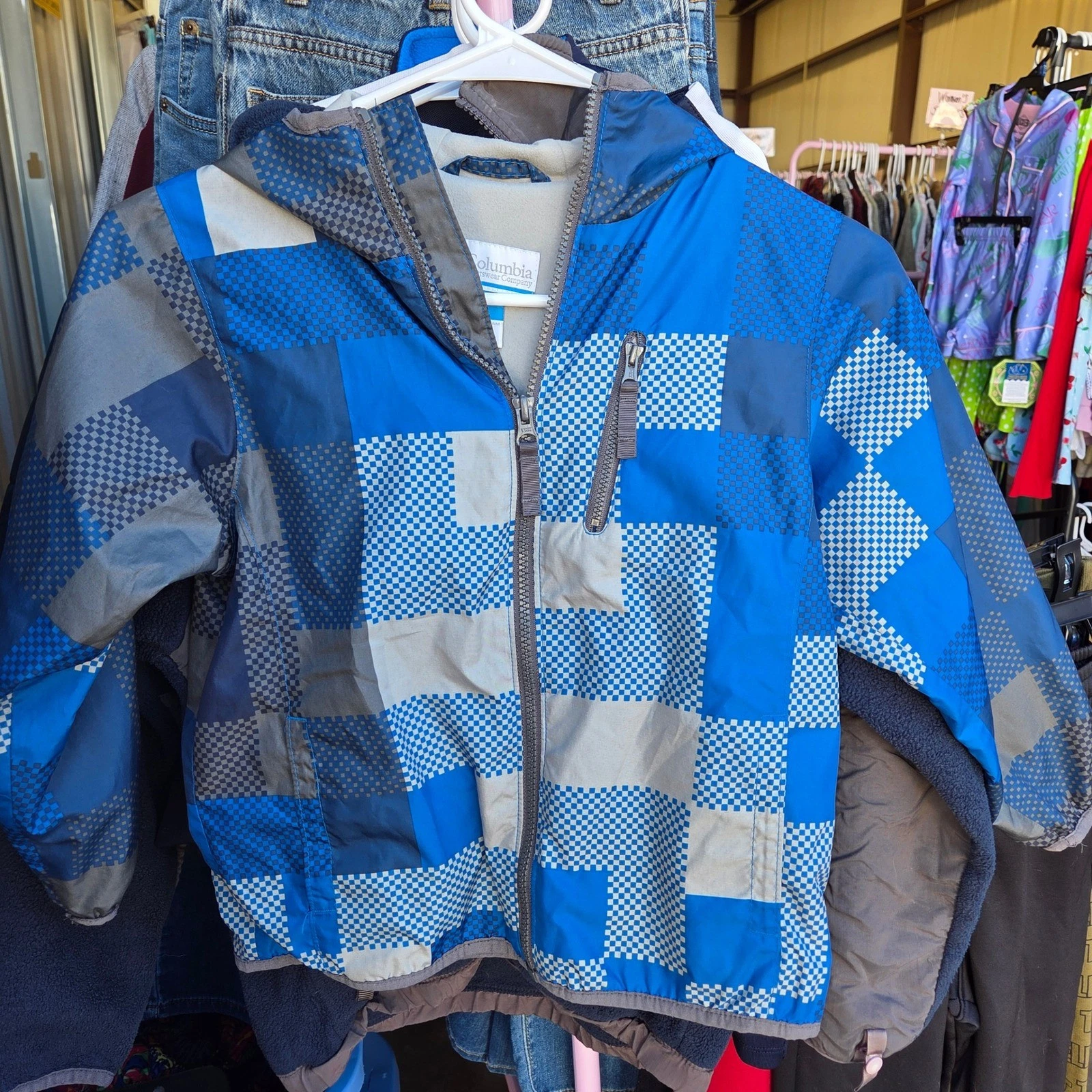 Columbia Sportswear Company Kids 6 7 Blue Grey Plaid Hooded Jacket