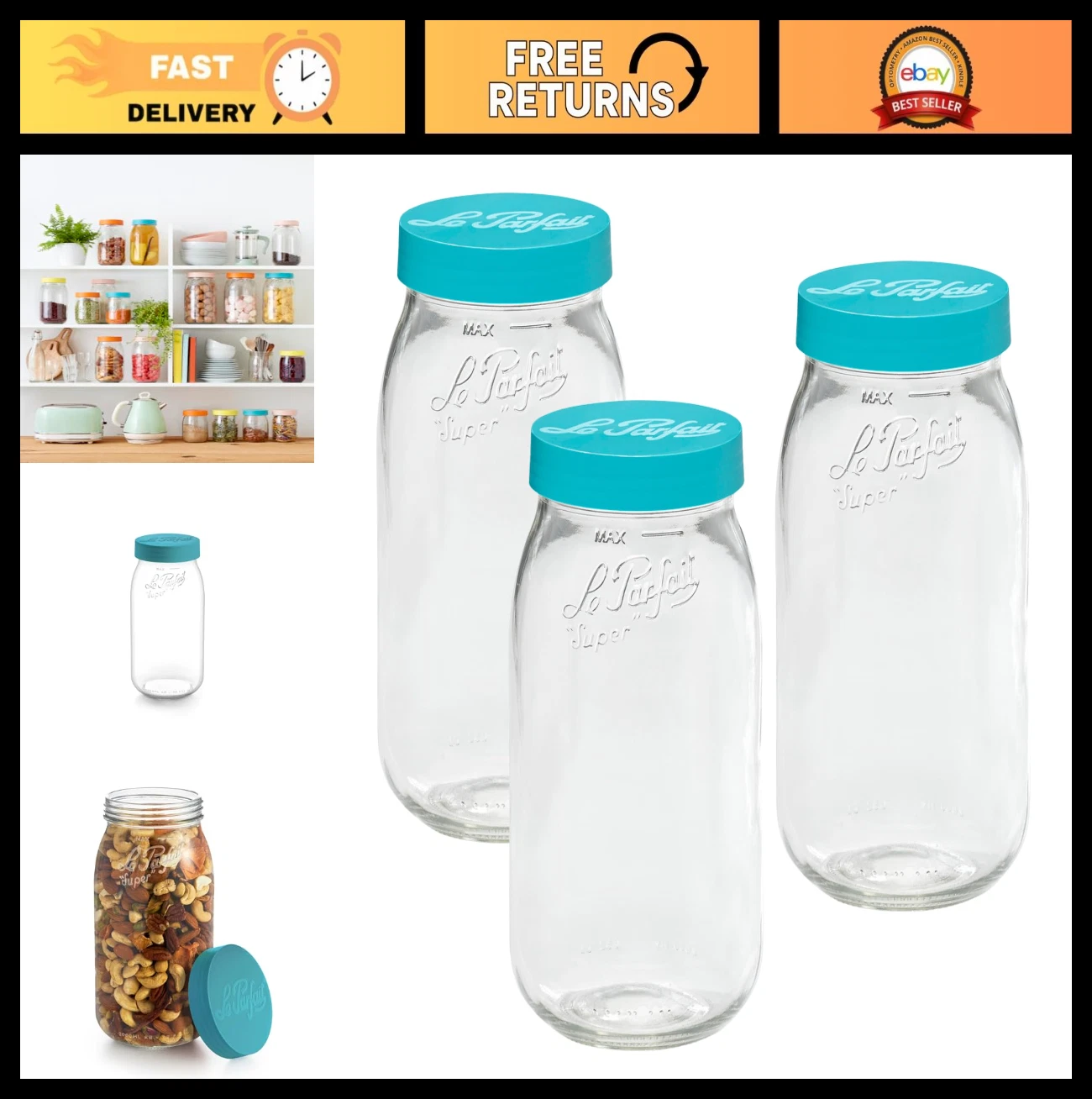 Wide Mouth Glass Storage Jars - 2L/64oz, Pack of 3 - Ideal for Canning, Food, Ba