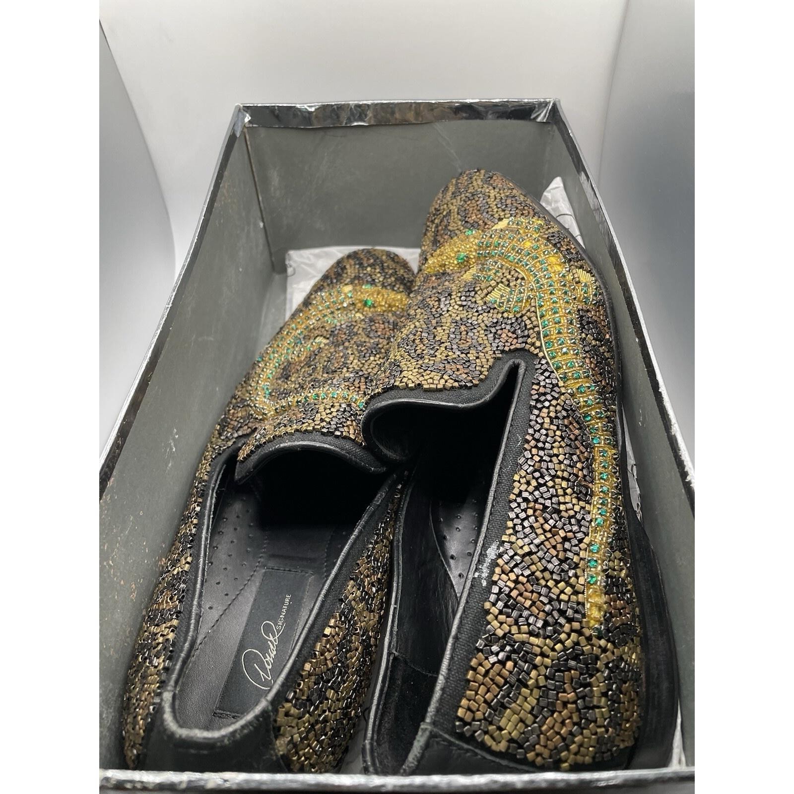 Donald J Pliner Signature Size 10.5 Black Leather Loafers- Gold/Green Beaded image 5