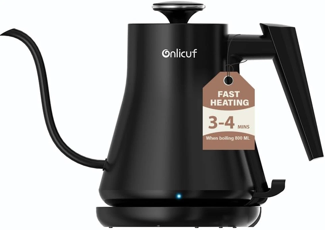Onlicuf Gooseneck Electric Kettle 0.8L Matte Black Auto Off BPA-Free Coffee