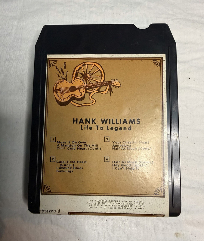 Hank Williams Life To Legend Stereo 8-Track Cartridge Jay Tape 1971 283 vintage