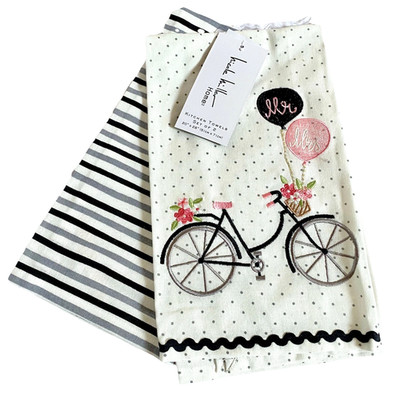 NWT Nicole Miller Mr. & Mrs. Bicycle Embroidered Kitchen Towel Set 2-Piece 20x28