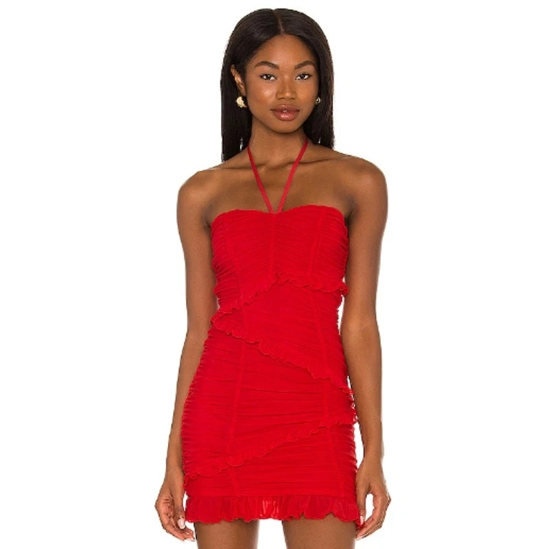 red halter top homecoming dresses Gorgeous Red Halter Elegant Lace Up Prom Dresses Sleeveless Ruffles Chic Mermaid Side Slit Evening Dresses main image 1