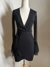 Pretty Little Thing Black Deep V Neck -SZ 6- Sheer Long Sleeve Mini Dress