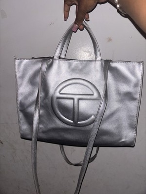 Telfar Silver Metallic Tote Logo Cross-Body Strap Double Handles for Women