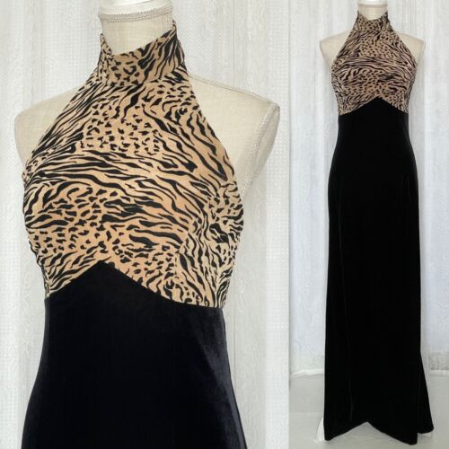 VTG 90's Bari Jay Leopard Zebra Sexy Halter Neck Evening Gown Dress - Size 5/6 - Picture 1 of 9