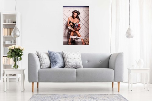 Lady Reading on Bathroom Toilet Portrait Framed Canvas Print Wall Art Home Decor - Picture 2 of 6