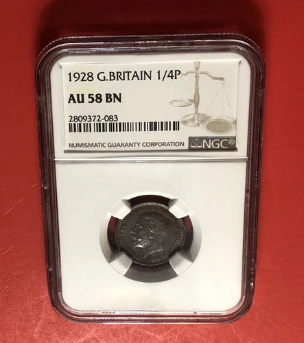 1928-GREAT BRITAIN -1/4 PENY  COIN,GRADED BY  NGC AU 58 BN .