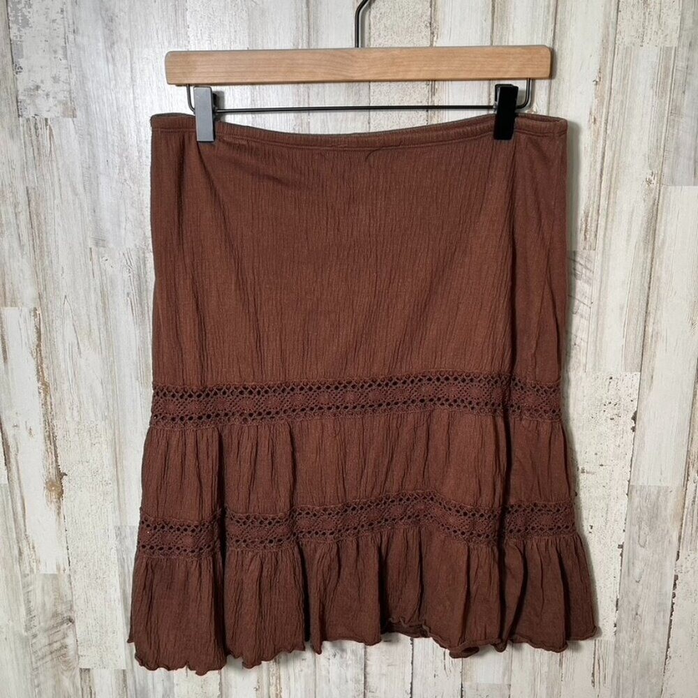 Vintage Y2K Chocolate Brown Crochet Trim Midi Skirt Womens Size Small