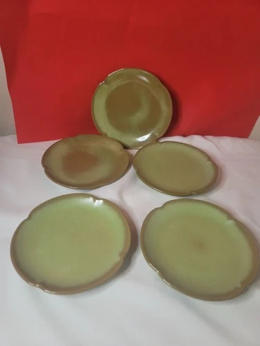 5 Frankoma Pottery Plainsman Prairie Green Salad Plates 5G Scalloped