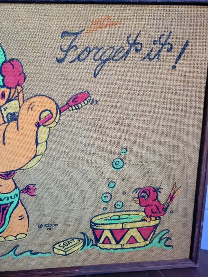 VTG 70s Tandy Corp FORGET IT Elephant Burlap Art Bulletin Tack Memo Board 24x18 - Image 4 of 4