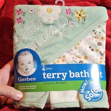 Gerber Little Princess Hooded Towel Washcloth Set Girls Ivory Princess Flowers