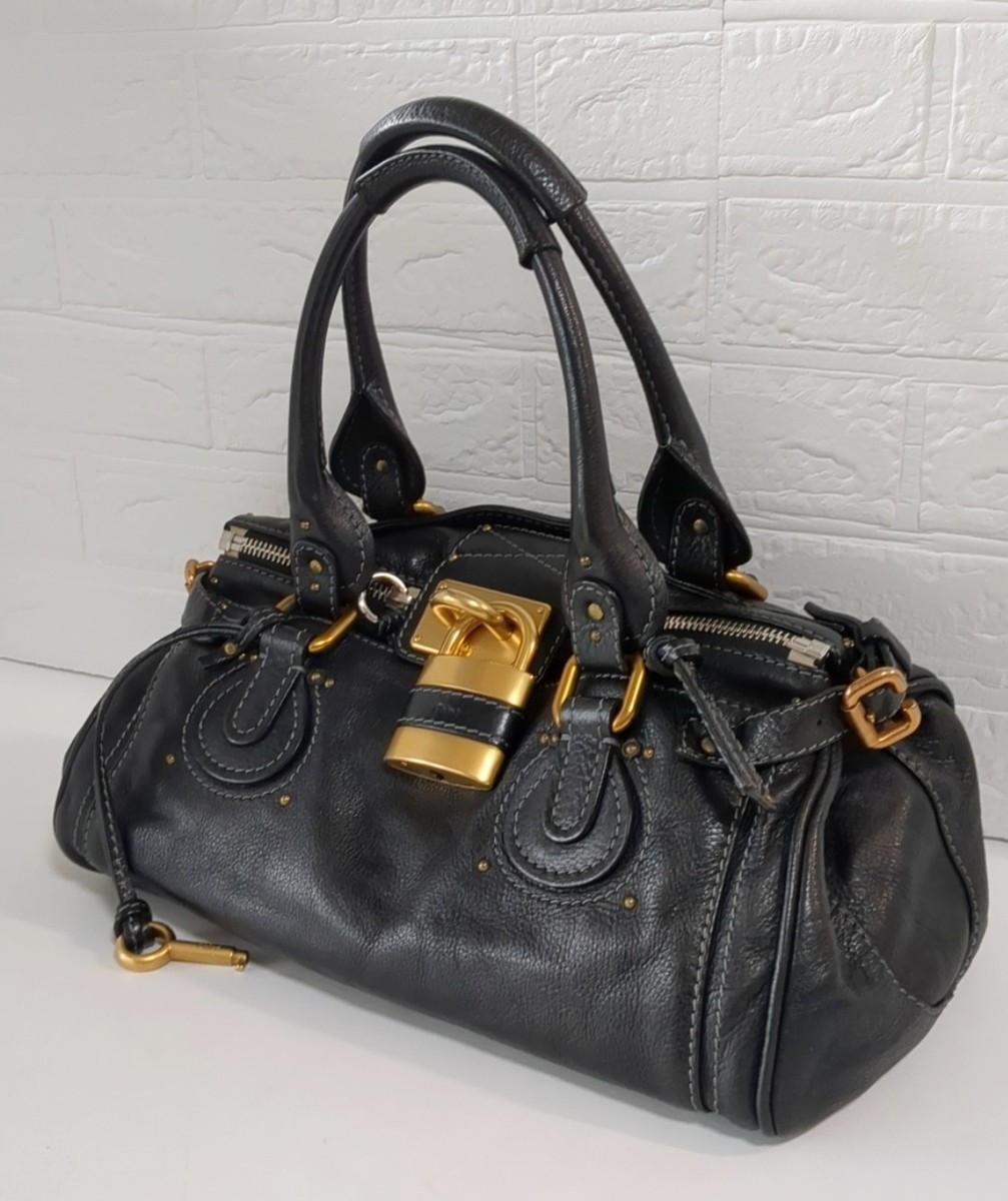 Chloe Paddington Black Leather Handbag Shoulder w/Padlock & Key