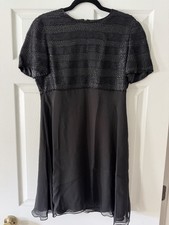 Talbots Petite Black Silk Beaded Sequin Midi Dress Chiffon Lined Zip Back 8P
