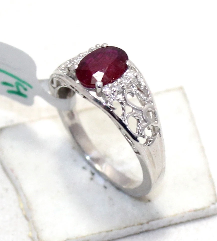 Anillo Plata Esterlina 925 Rubí Manik Gema Piedra Diamantes Diamante Mujer Regalo H431 Foto 2 de 4