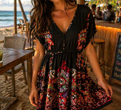 Emma & Michele Colorful Bohemian Print V-Neck Black Dress Size 12