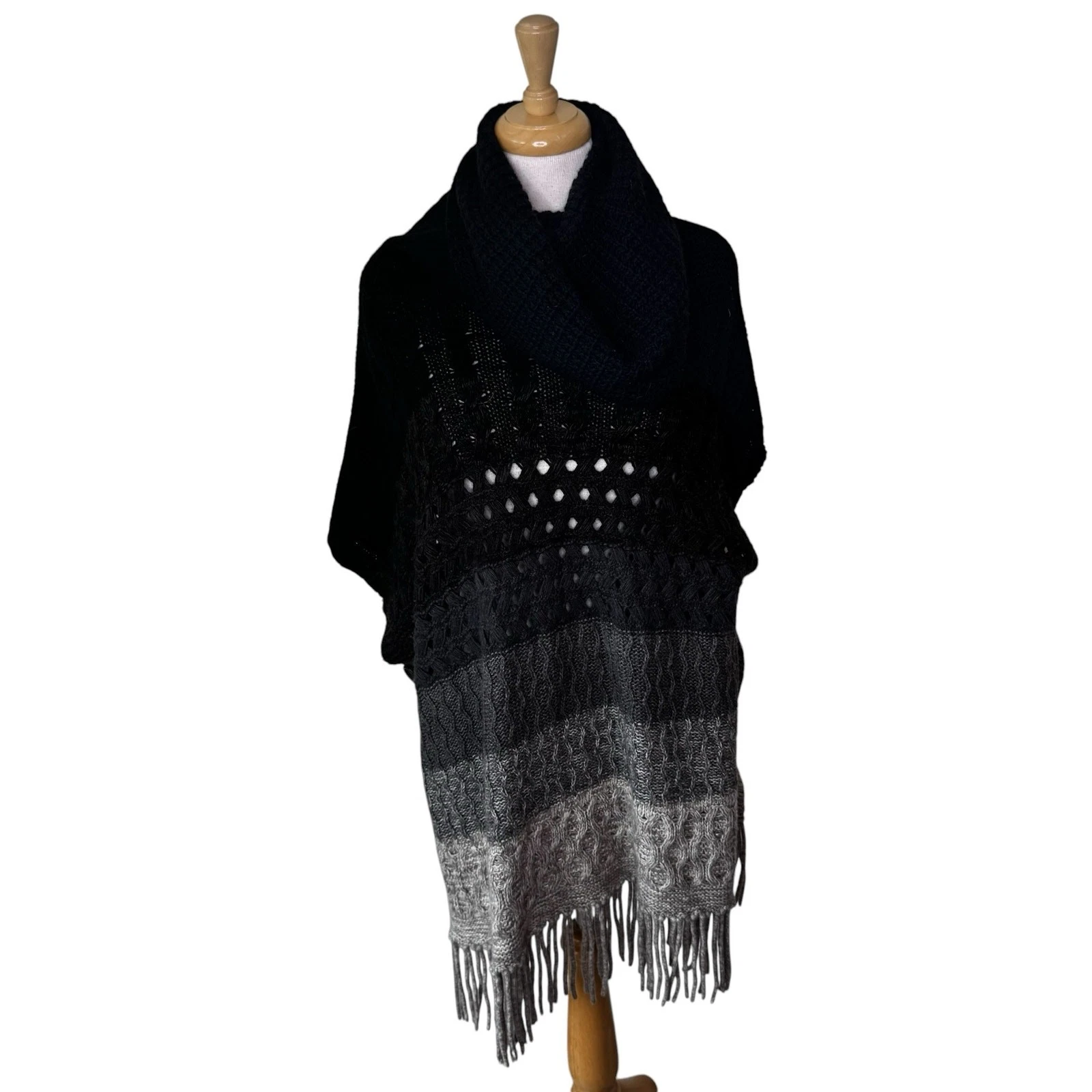 AUTUMN CASHMERE Striped Ombre Cowl Turtleneck Button Side Poncho One Size