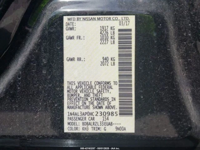 2017 Nissan Altima Left Rear Door Panel Black OEM Used 205.DA1F17 Foto 4 de 4